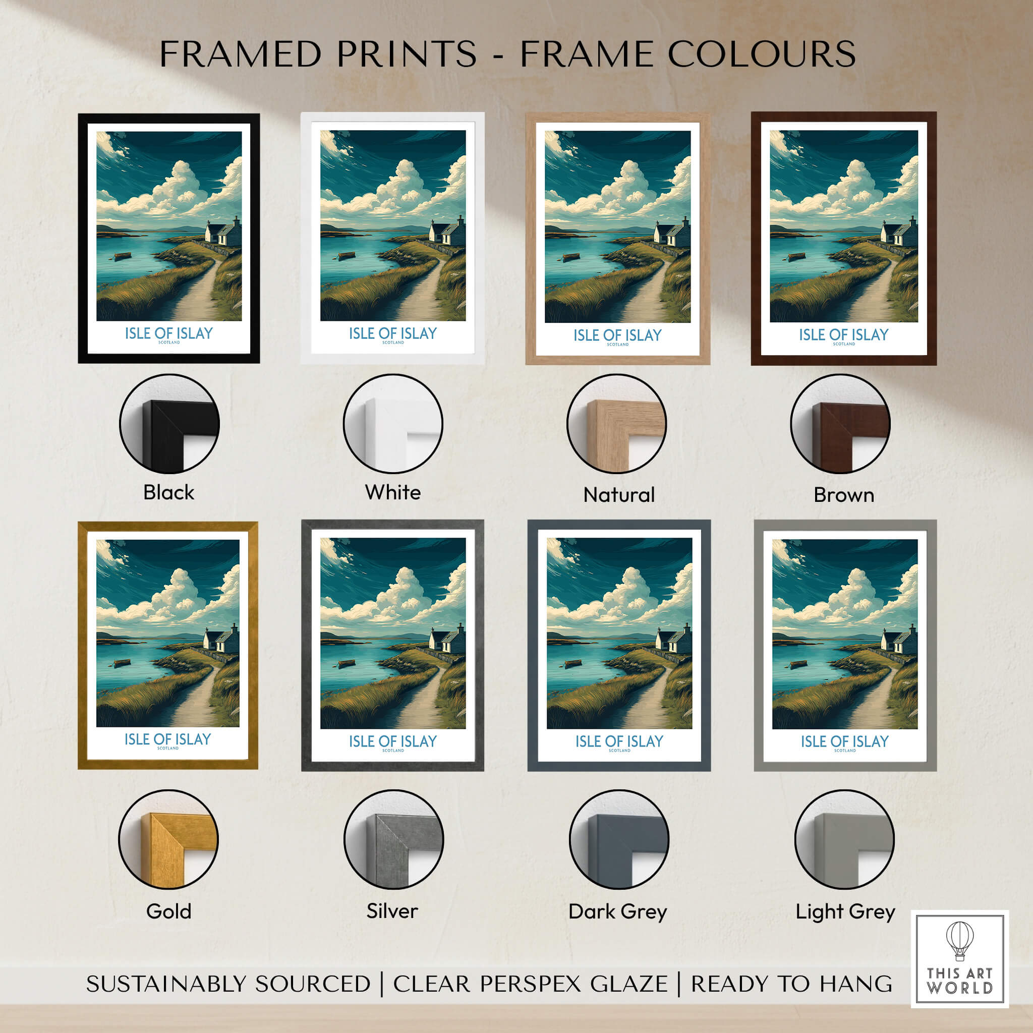 Isle of Islay Scotland Poster | Scottish Seaside Village Canvas Print available in various frame colors including black, white, and gold.