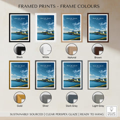 Isle of Islay Scotland Travel Posters | Sunny Coastal Wall Art Print in various frame colors such as black, white, natural, and brown.