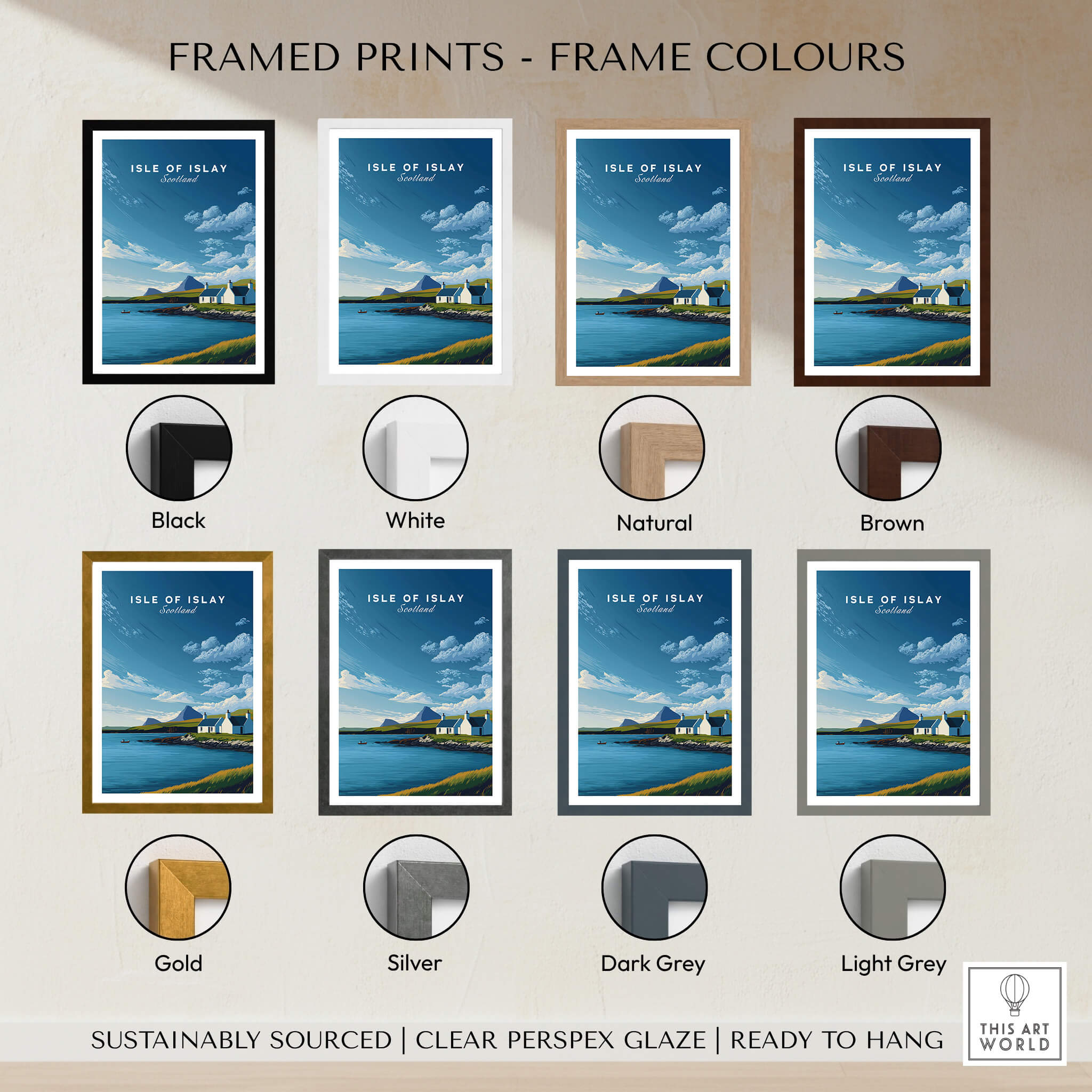 Isle of Islay Scotland Travel Posters | Sunny Coastal Wall Art Print in various frame colors such as black, white, natural, and brown.