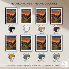 Isle of Lewis Scotland Travel Poster | Blackhouse Village Wall Art Print framed in various colors including black, white, and gold