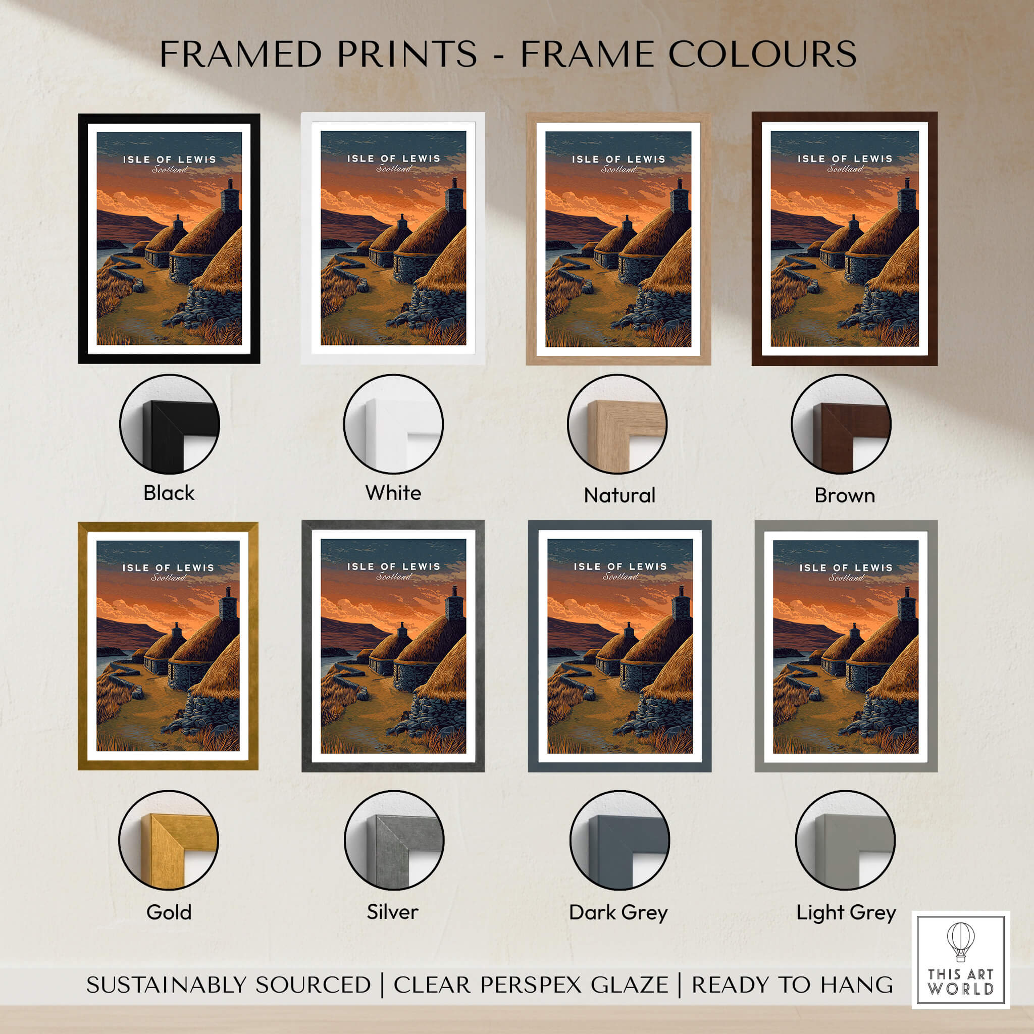 Isle of Lewis Scotland Travel Poster | Blackhouse Village Wall Art Print framed in various colors including black, white, and gold