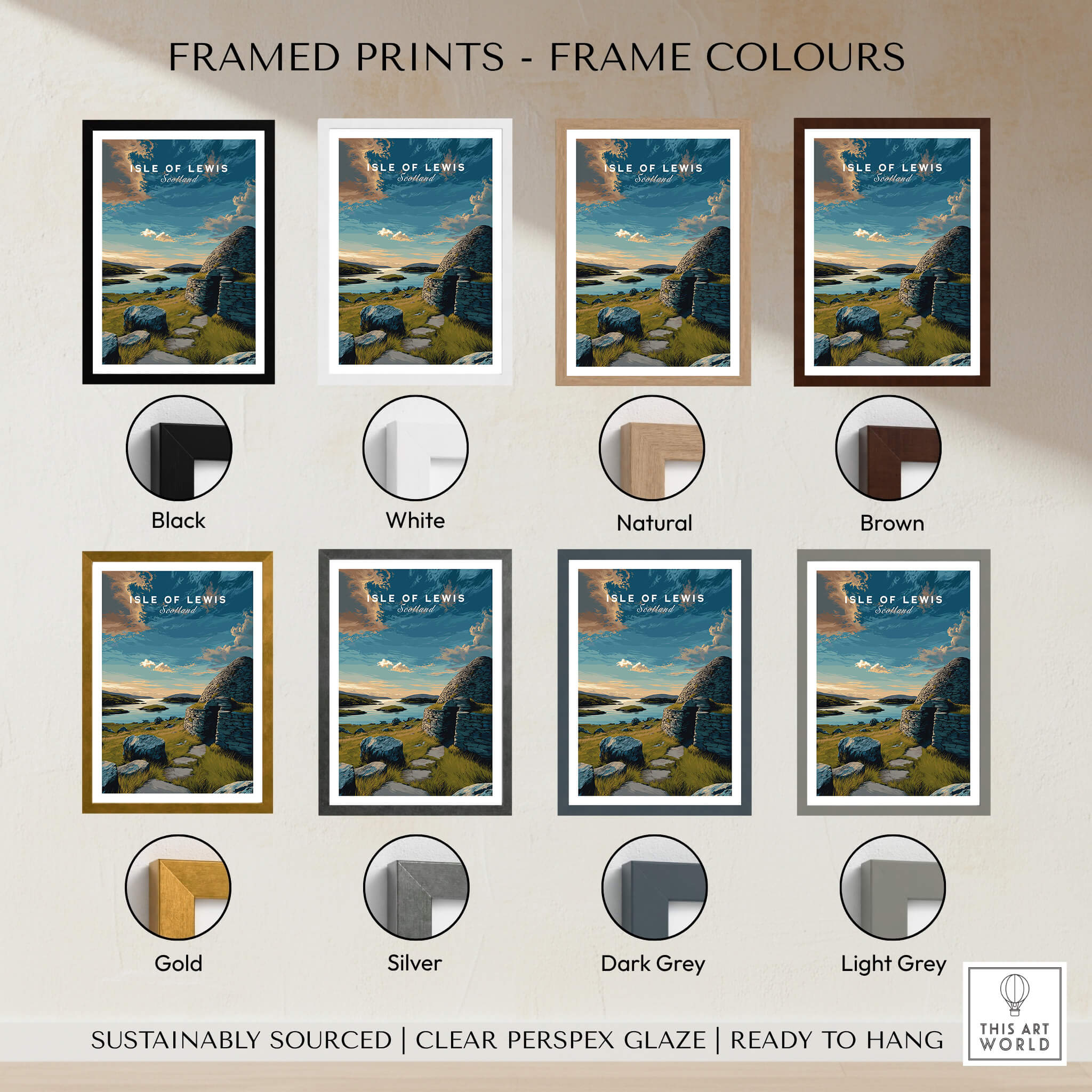 Isle of Lewis Scotland Travel Poster | Gearrannan Blackhouse Wall Art Print framed print color options display.