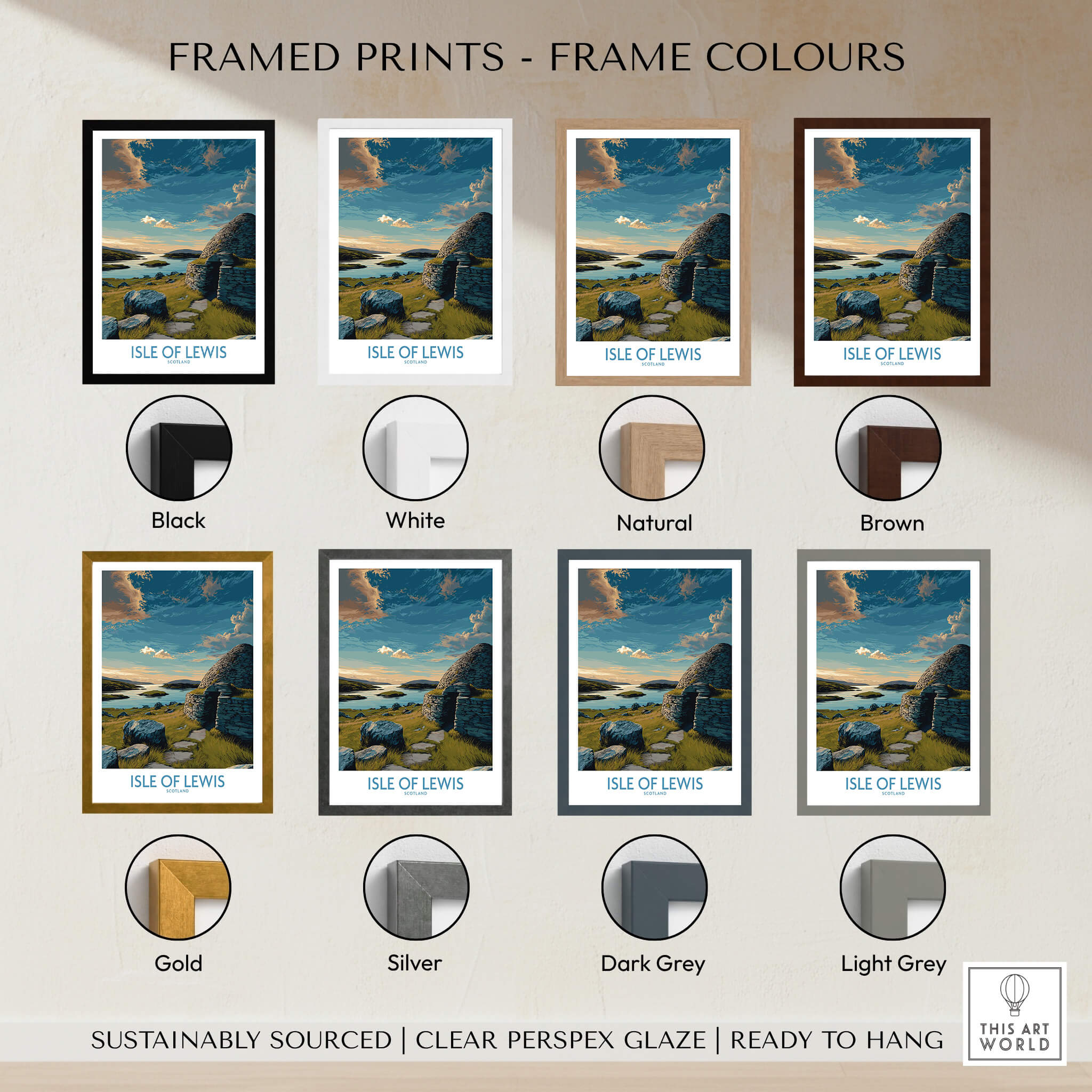 Isle of Lewis Scotland Canvas Print | Outer Hebrides Landscape Poster framed in various colors including black, white, natural, and brown.