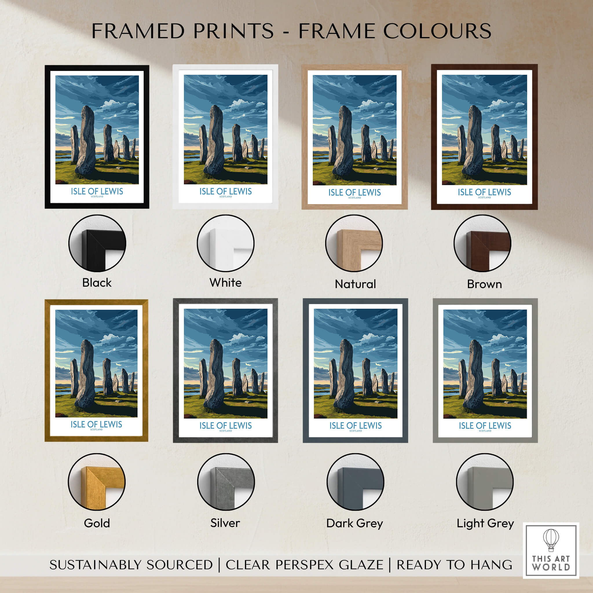 Isle of Lewis Scotland Poster | Ancient Megalithic Site Canvas Print framed in various colors.