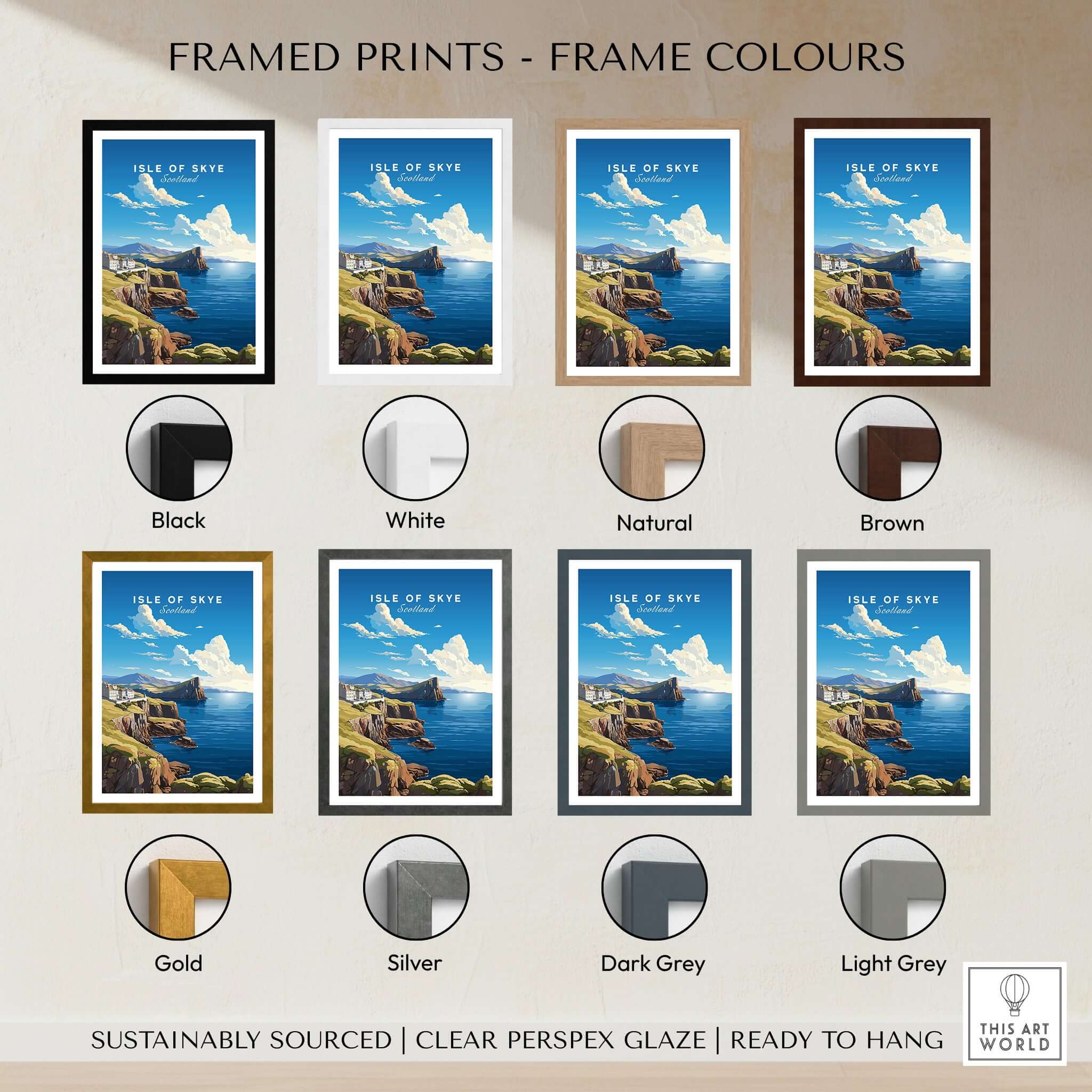 Isle of Skye Poster framed print color options including black, white, gold, and natural finishes.