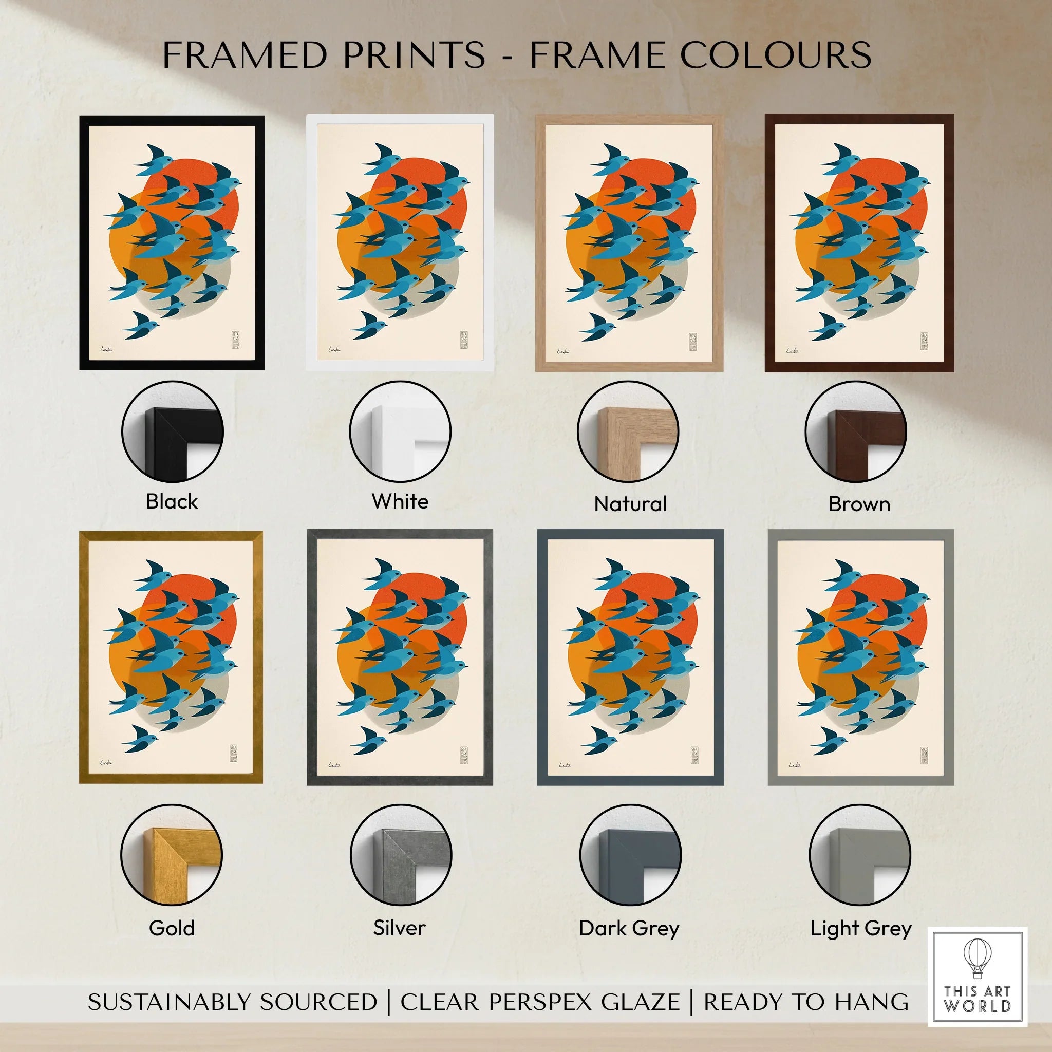 Japan birds art print with multiple frame color options including black, white, brown, gold, silver, grey.