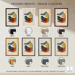 Framed wall art print of colorful stylized birds, shown in eight different frame colors.