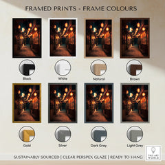 Framed Japan street art print with lanterns, shown in black, white, natural, brown, gold, silver, dark grey, and light grey frame options.