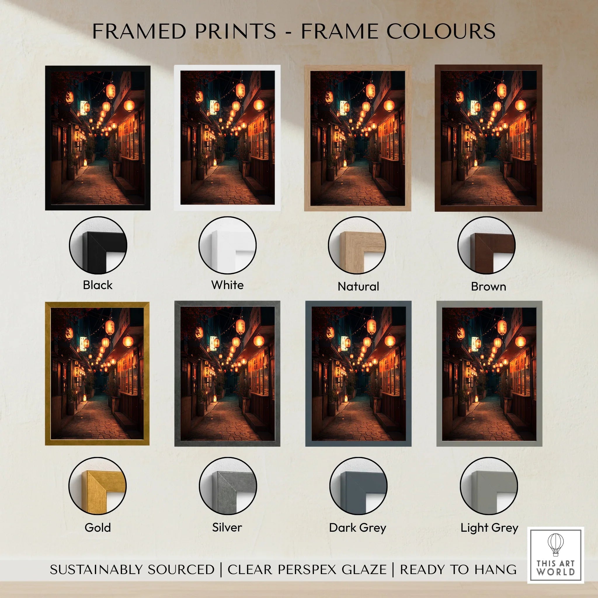 Framed Japan street art print with lanterns, shown in black, white, natural, brown, gold, silver, dark grey, and light grey frame options.
