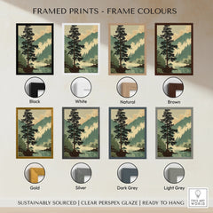 Mountain landscape wall art print in eight frame color options: black, white, natural, brown, gold, silver, dark grey, and light grey.