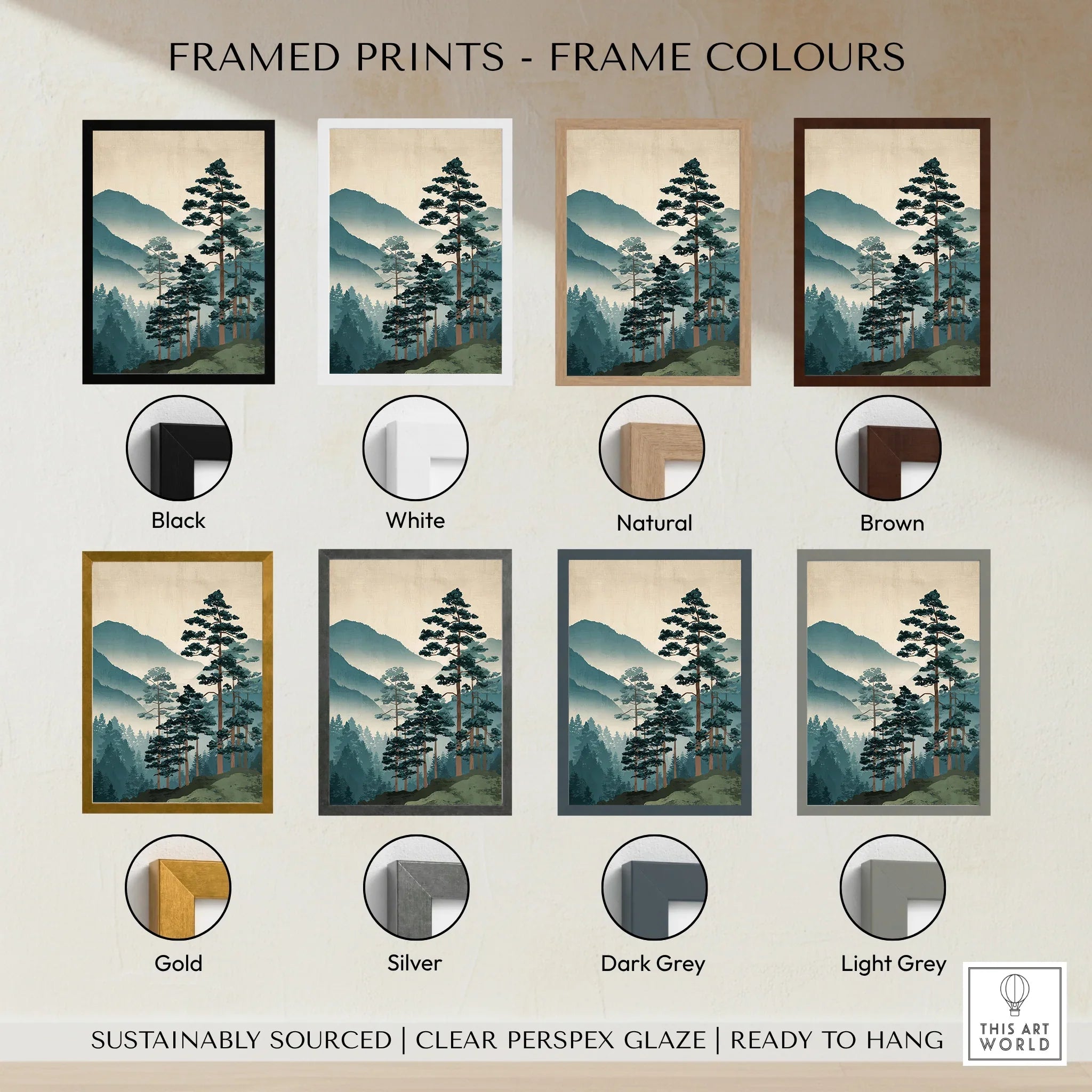 Japanese woodblock style mountain landscape art print with eight frame color options