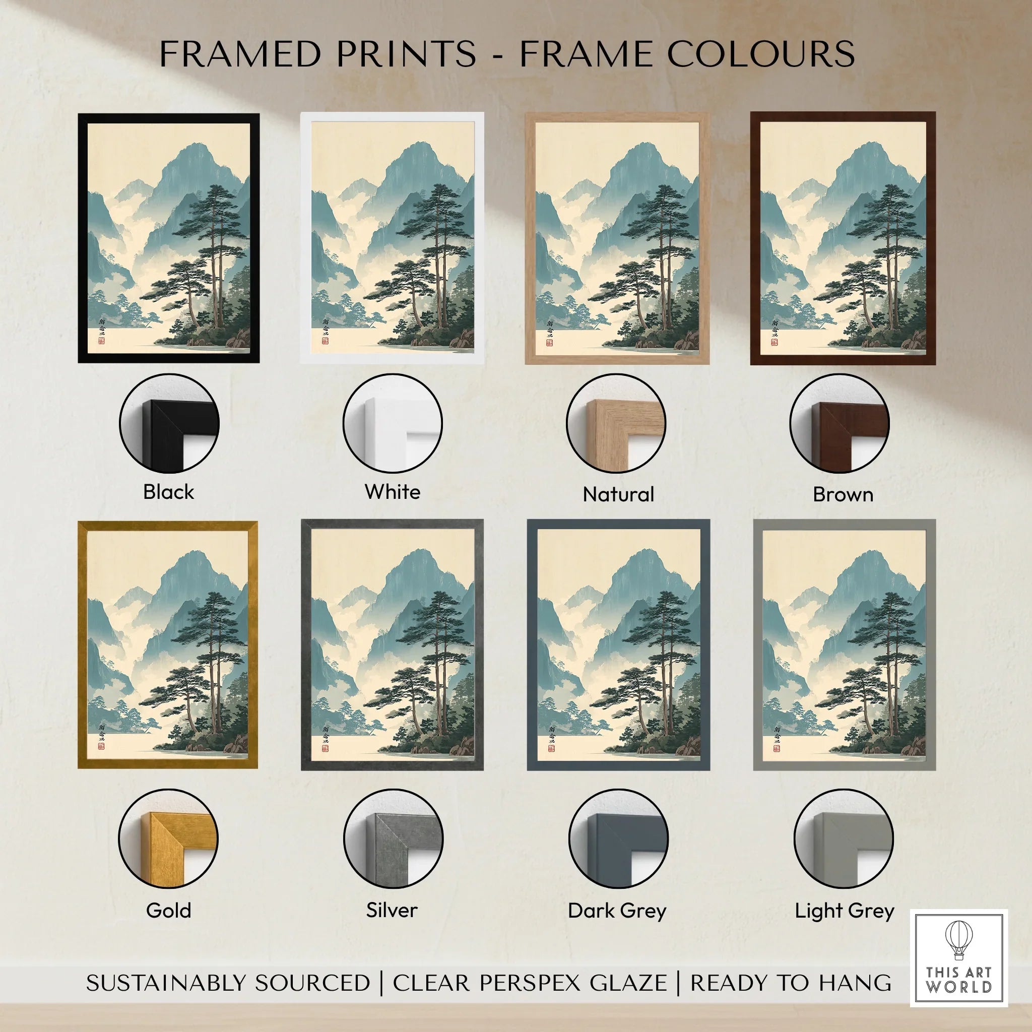 Japanese woodblock mountain landscape art print in eight frame color options: black, white, natural, brown, gold, silver, dark grey, light grey.