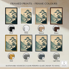 Japanese woodblock-style landscape print with seven frame color options shown