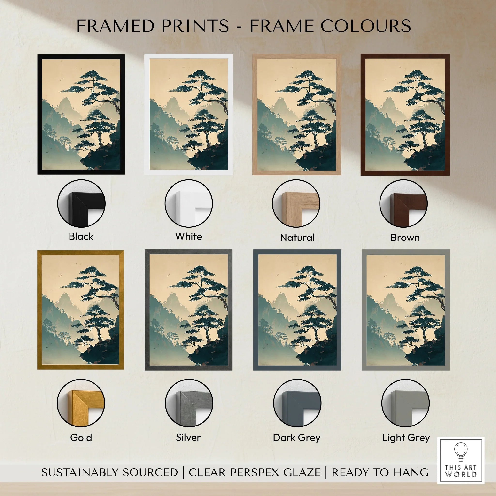 Japanese woodblock-style landscape print with seven frame color options shown