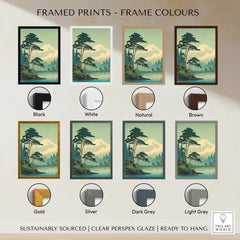 Framed Japan woodblock-style print of Mount Fuji, shown in 7 frame color options.