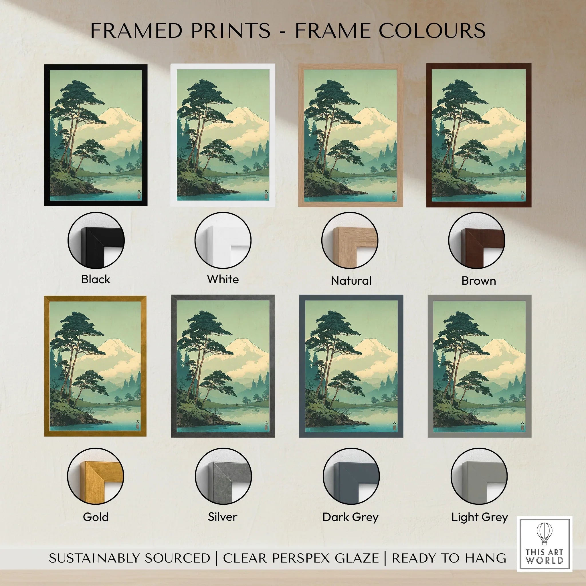 Framed Japan woodblock-style print of Mount Fuji, shown in 7 frame color options.