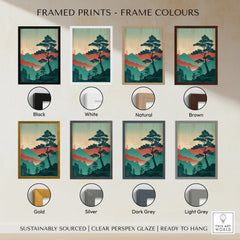 Framed Japanese landscape wall art print shown in eight frame color options including black, white, natural, brown, gold, silver, dark grey, and light grey.