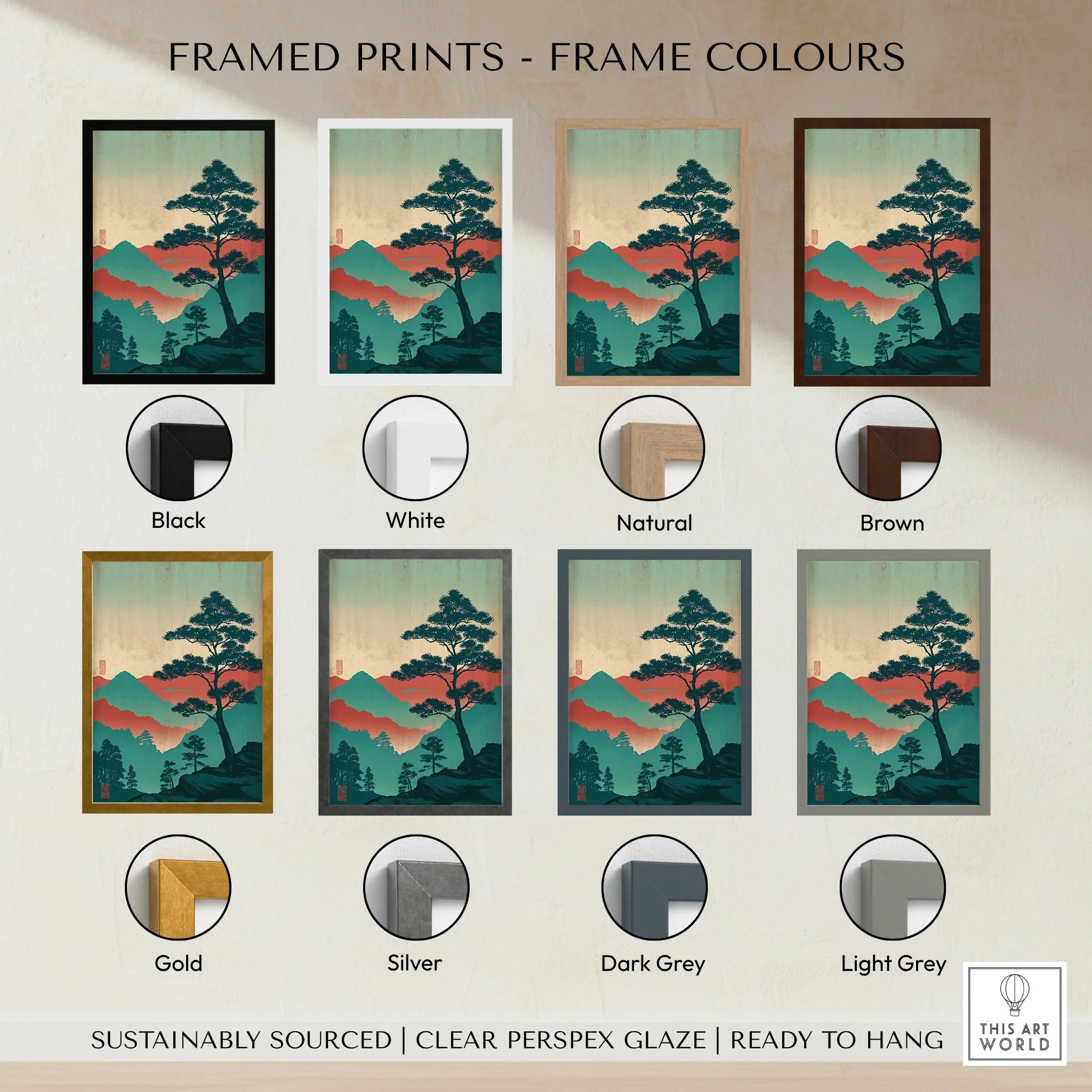 Framed Japanese landscape wall art print shown in eight frame color options including black, white, natural, brown, gold, silver, dark grey, and light grey.