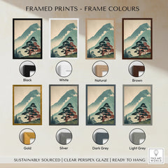 Japanese woodblock-style mountain landscape art print with eight different frame color options