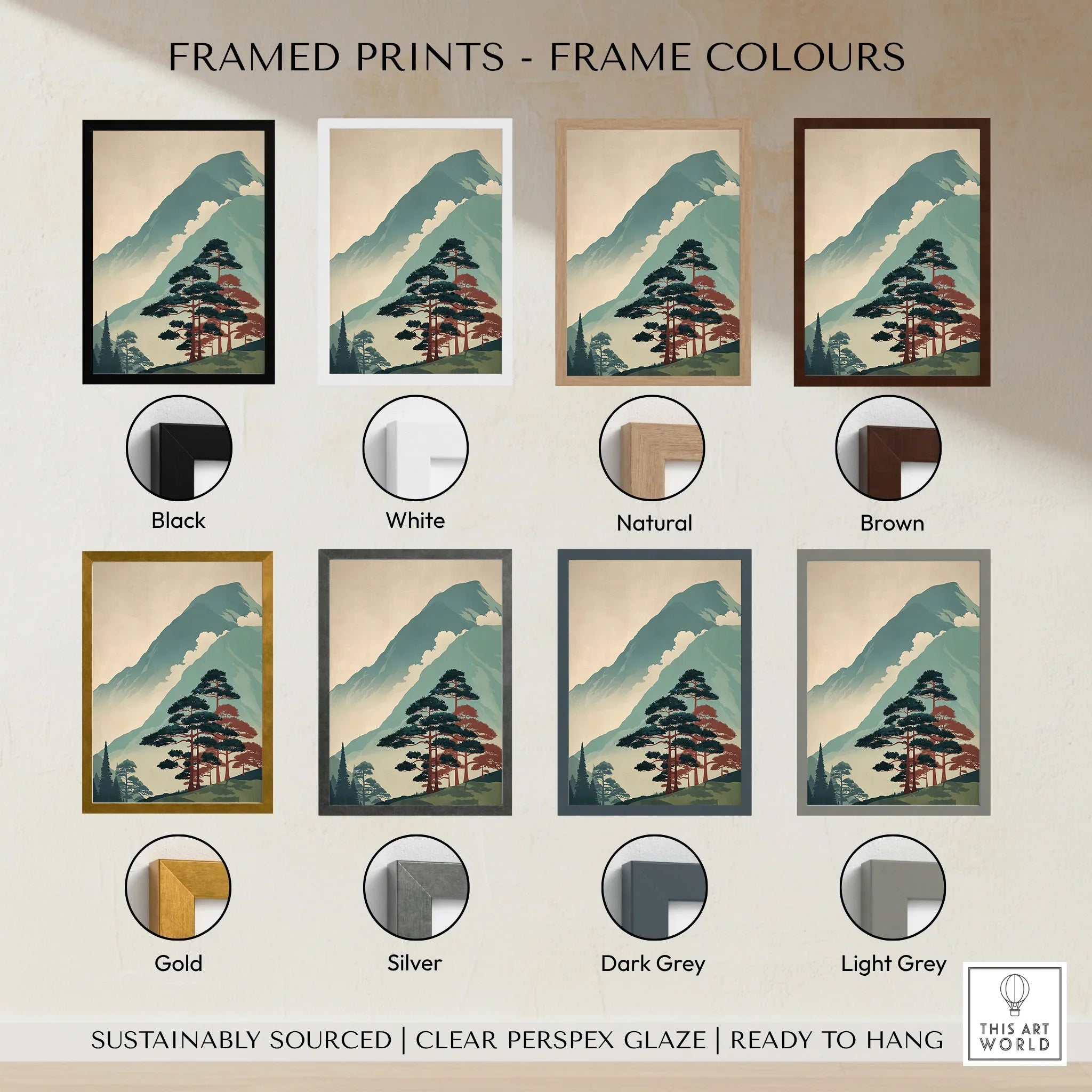 Japanese woodblock-style mountain landscape art print with eight different frame color options