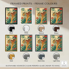 Framed Japanese tiger wall art print with eight frame color options including black, white, brown, gold, and grey.