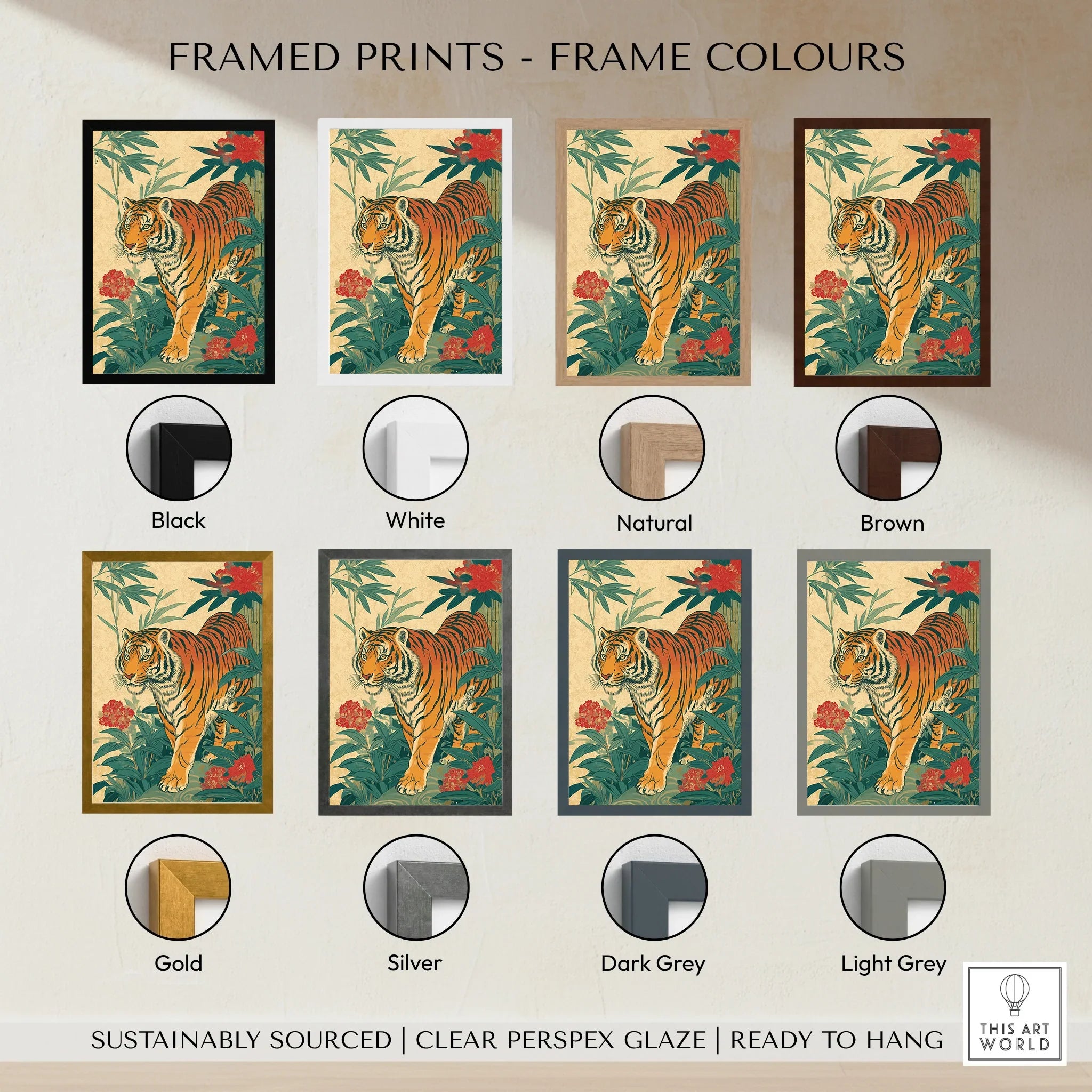 Framed Japanese tiger wall art print with eight frame color options including black, white, brown, gold, and grey.