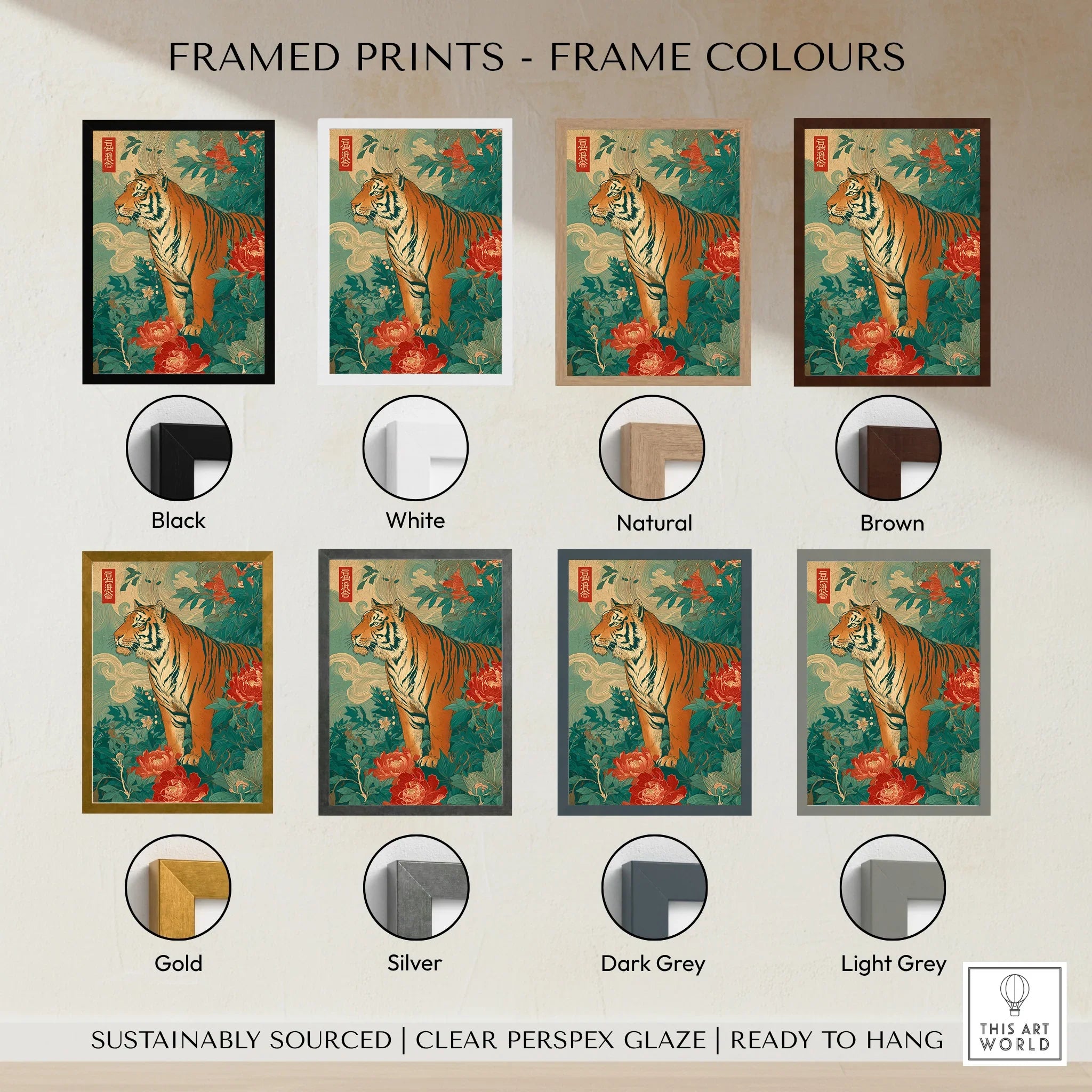 Japanese tiger art print with floral background displayed in eight frame color options: black, white, natural, brown, gold, silver, dark grey, and light grey.