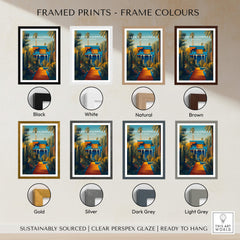 Jardim Majorelle Marrakesh Wall Art Print | Moroccan Blue Garden Travel Posters framed in various colors.