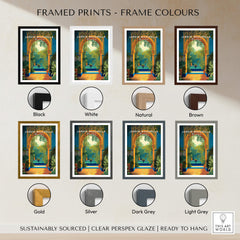 Jardim Majorelle Marrakesh Travel Posters | Moroccan Archway Garden Wall Art Print framed prints in various colors