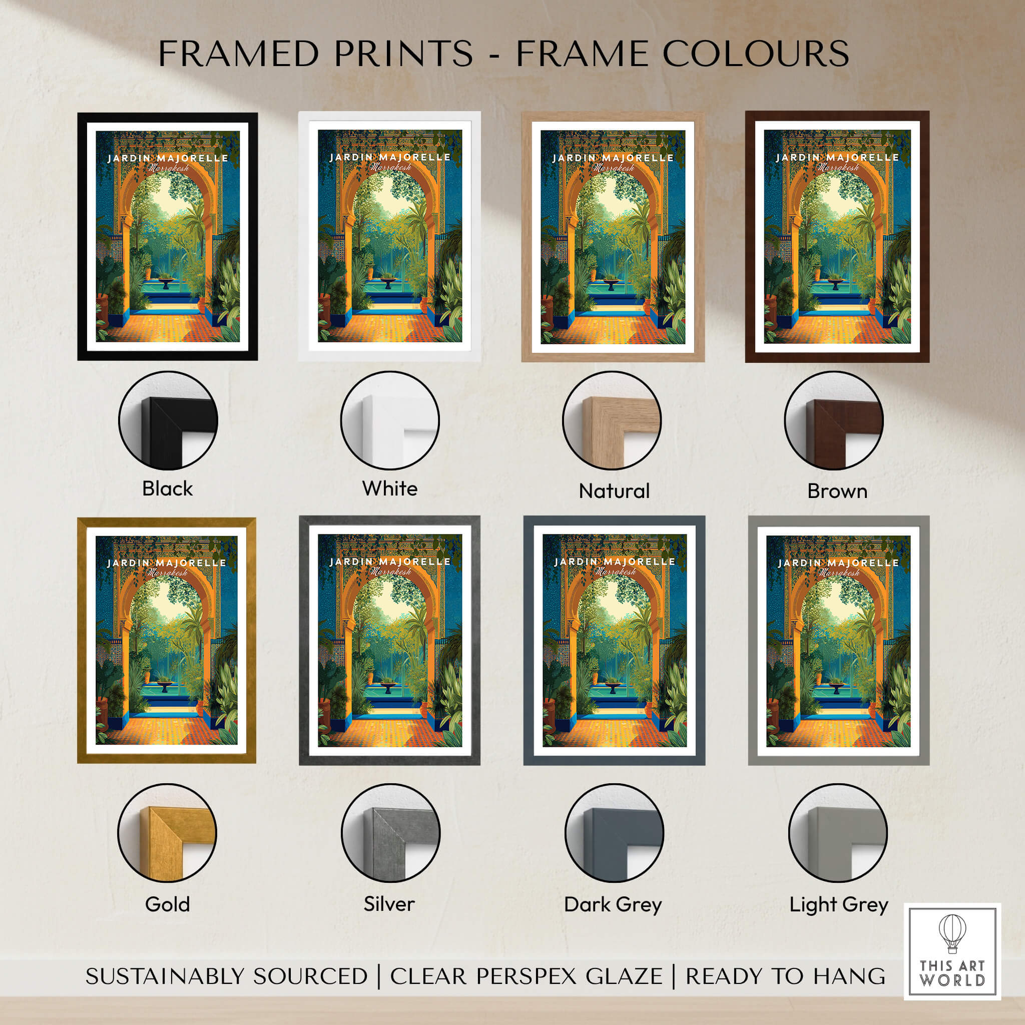 Jardim Majorelle Marrakesh Travel Posters | Moroccan Archway Garden Wall Art Print framed prints in various colors