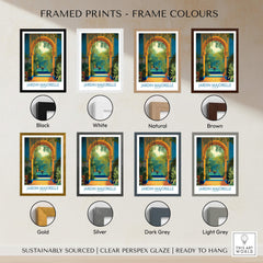 Jardim Majorelle Marrakesh Canvas Print | Tropical Oasis Landscape Poster framed in various colors including black, white, and brown.
