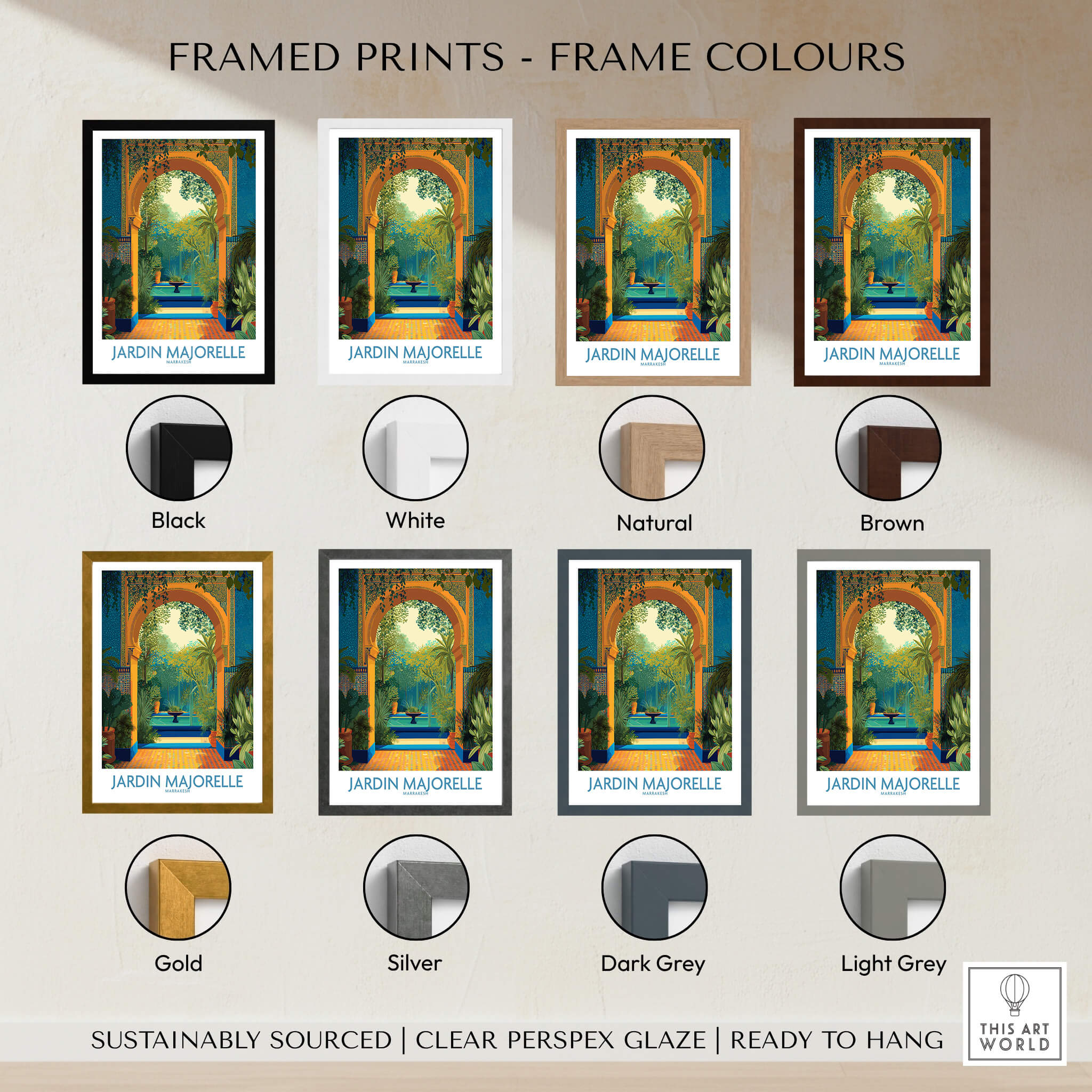 Jardim Majorelle Marrakesh Canvas Print | Tropical Oasis Landscape Poster framed in various colors including black, white, and brown.