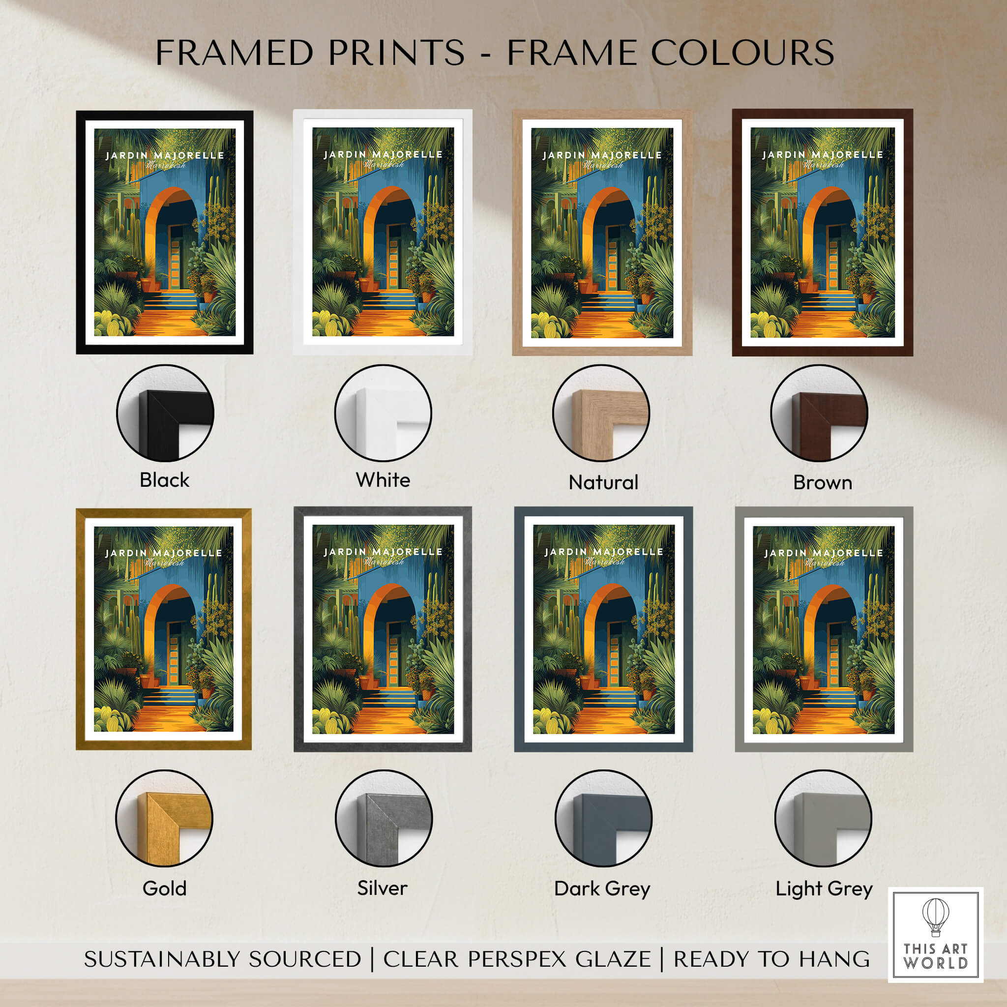 Jardim Majorelle Marrakesh Wall Art Print | Botanical Moroccan Villa Travel Poster framed print options in various colors.