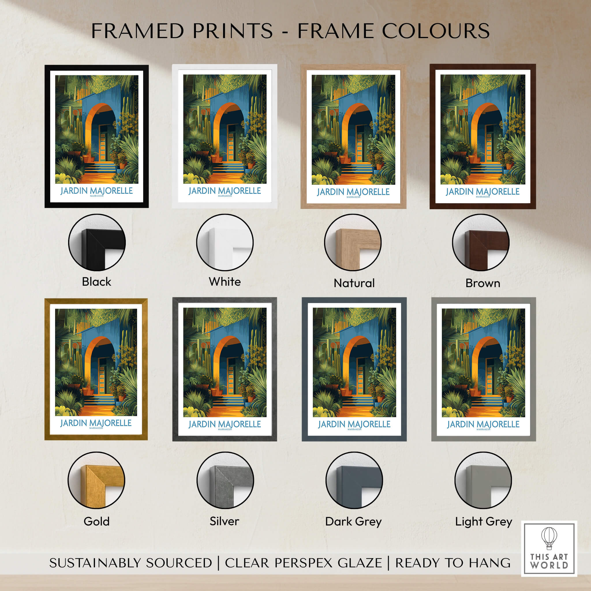 Jardim Majorelle Marrakesh Posters | Canvas Print framed in various color options including black, white, natural, and brown.