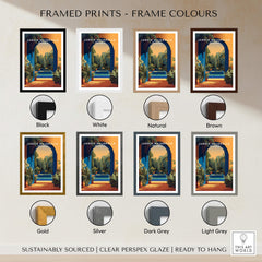 Jardim Majorelle Marrakesh Travel Posters | Garden Fountain Scene Wall Art Print framed in various color options.
