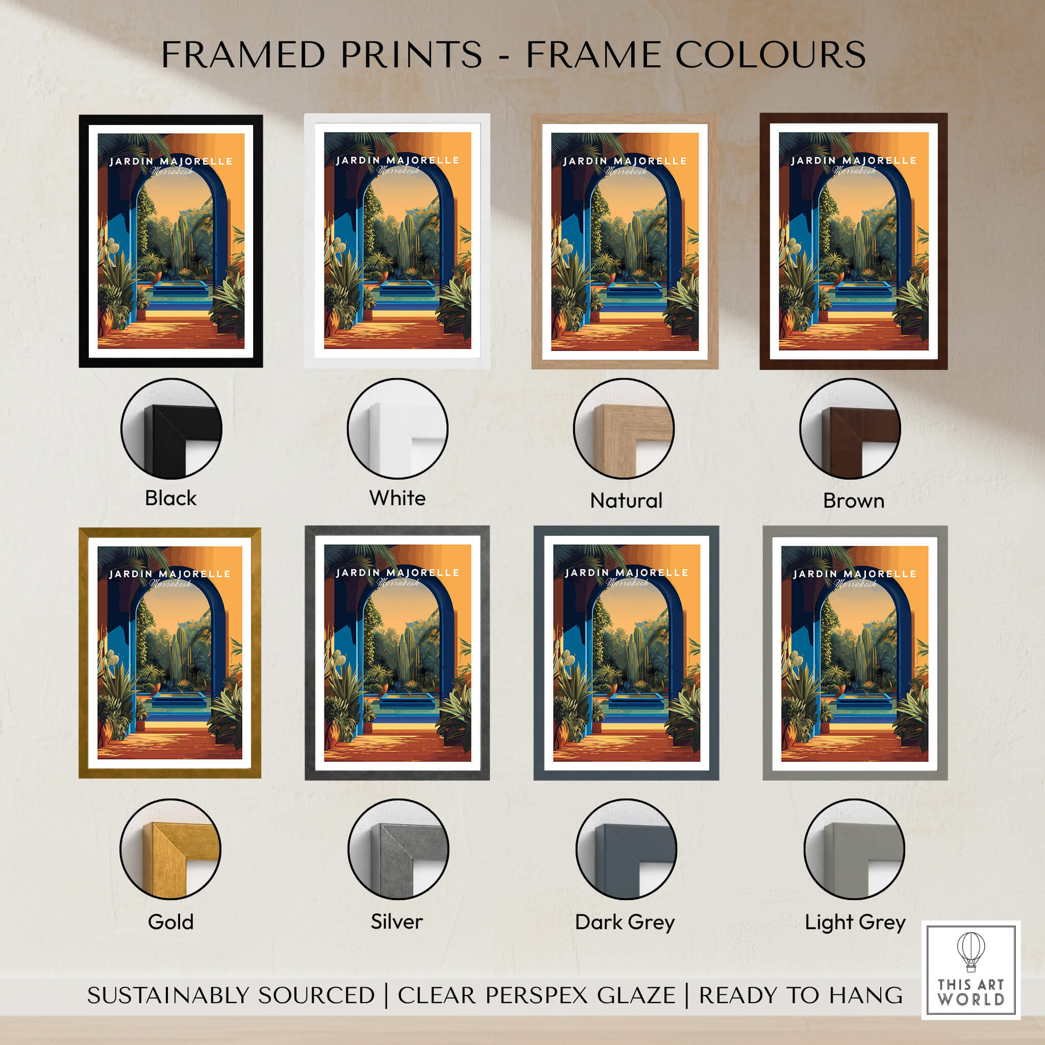 Jardim Majorelle Marrakesh Travel Posters | Garden Fountain Scene Wall Art Print framed in various color options.