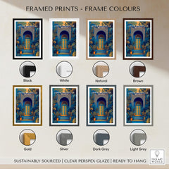 Framed prints color options for Jardim Majorelle Marrakesh Wall Art Print | Ornate Moroccan Doorway Travel Posters.