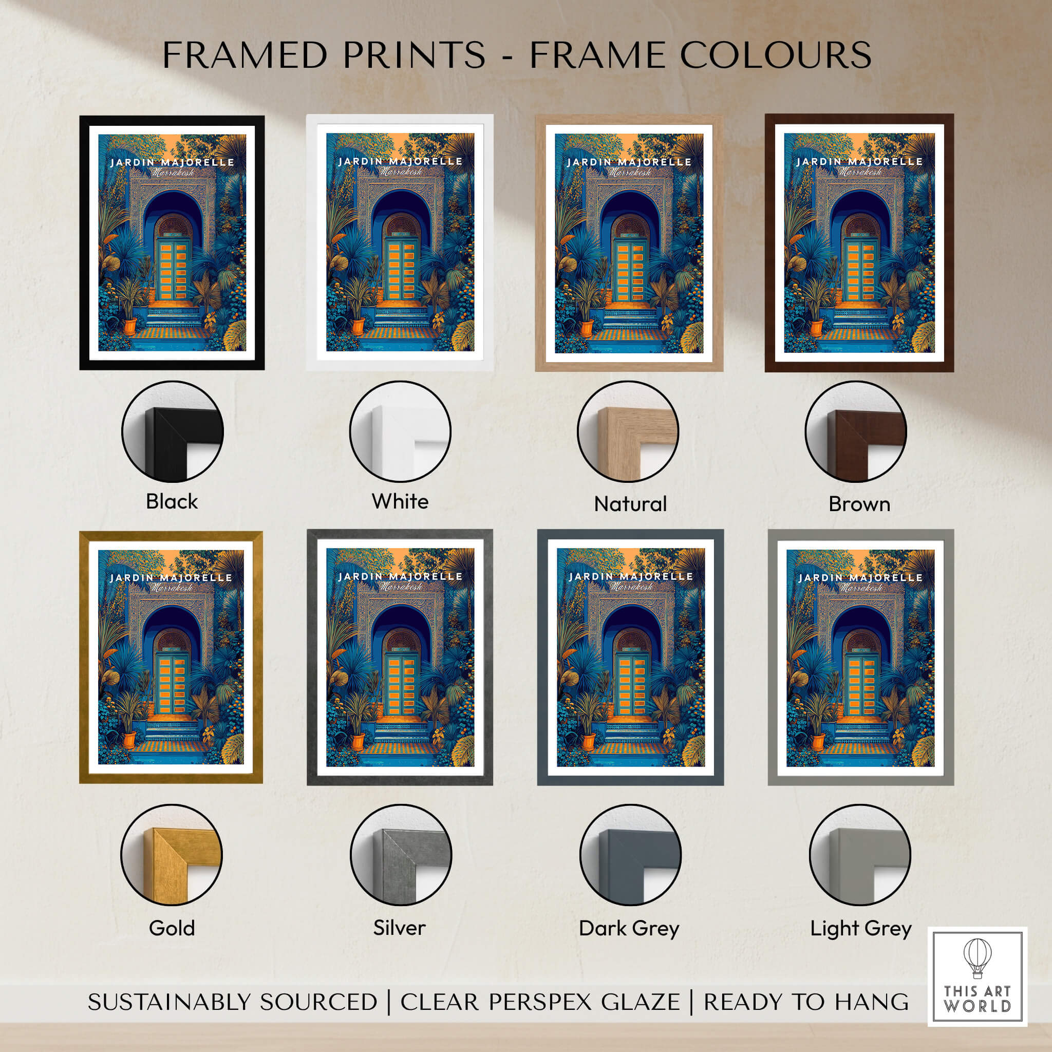 Framed prints color options for Jardim Majorelle Marrakesh Wall Art Print | Ornate Moroccan Doorway Travel Posters.