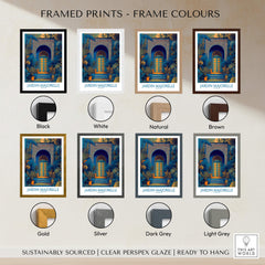 Jardim Majorelle Marrakesh Posters | Detailed Blue Architecture Canvas Print framed in various colors like black, white, gold, and brown.