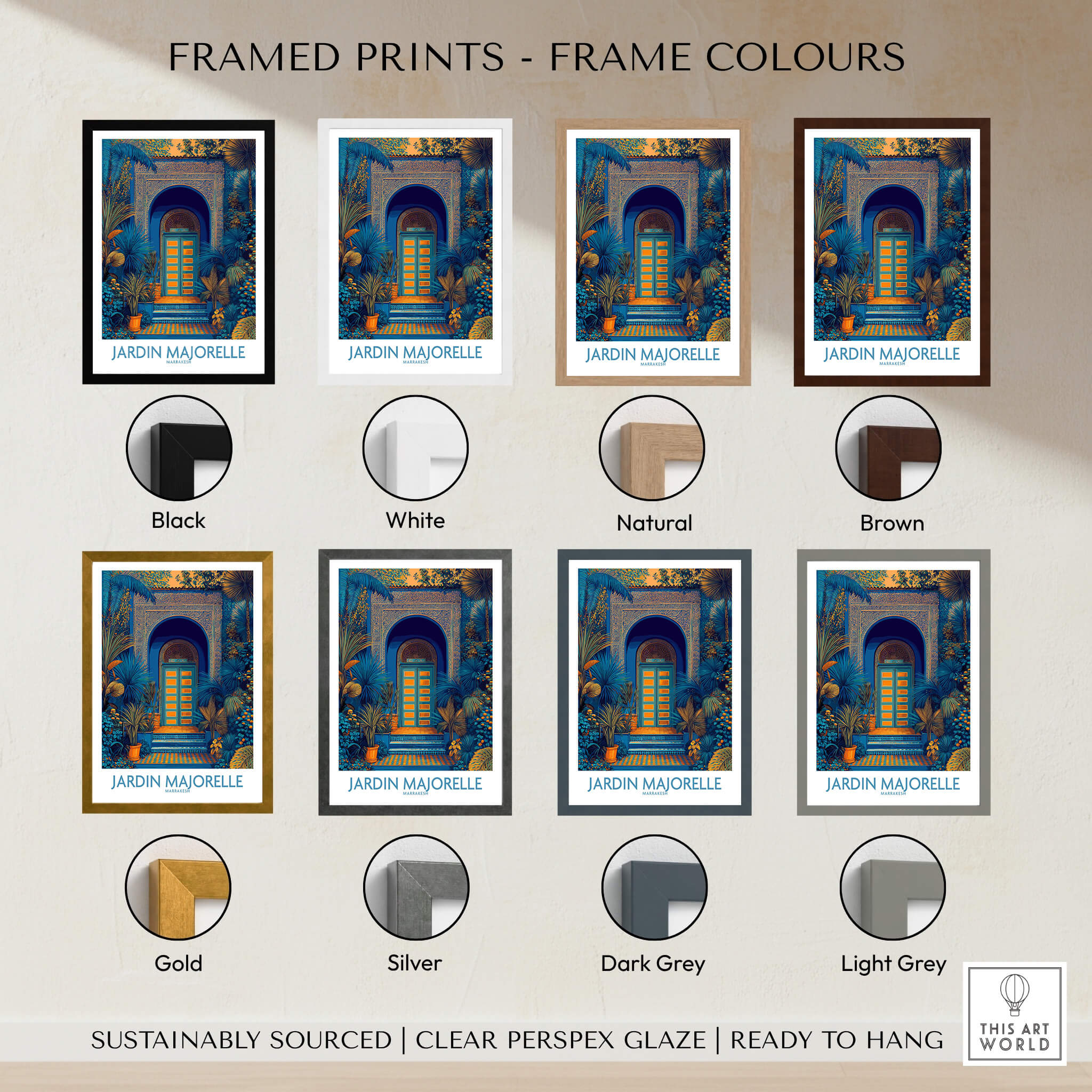 Jardim Majorelle Marrakesh Posters | Detailed Blue Architecture Canvas Print framed in various colors like black, white, gold, and brown.
