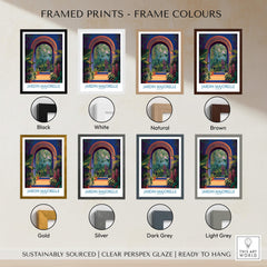 Framed prints showcasing various frame colors for Jardim Majorelle Marrakesh Canvas Print | Colorful Moroccan Landscape Poster.