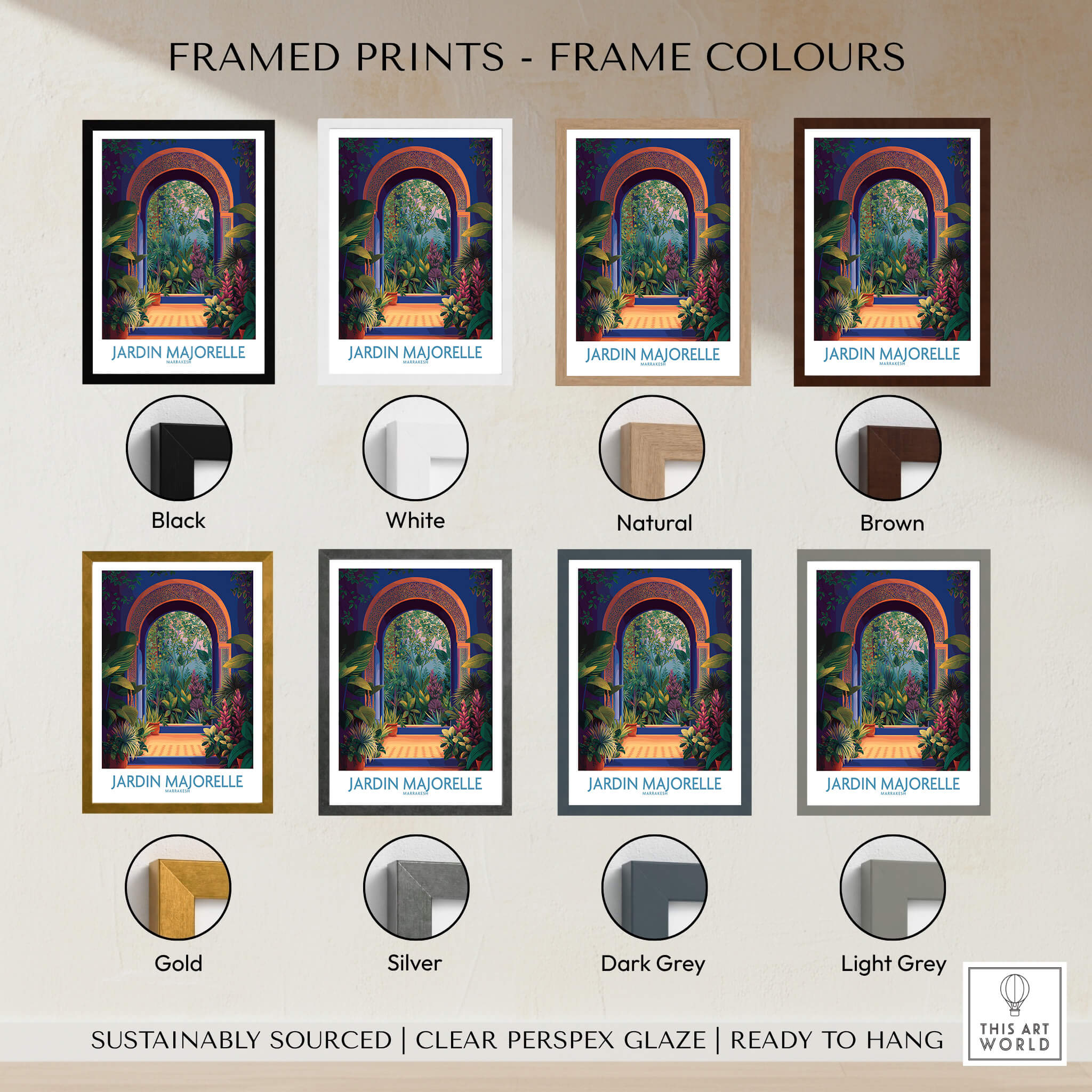Framed prints showcasing various frame colors for Jardim Majorelle Marrakesh Canvas Print | Colorful Moroccan Landscape Poster.