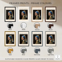 Framed prints of Johannes Vermeer Girl with a Pearl Earring 1665 in various frame colors for wall display