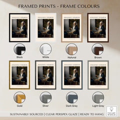 Framed prints of Johannes Vermeer Woman Holding a Balance 1662 Dutch Baroque Art Print Poster in various frame colors.