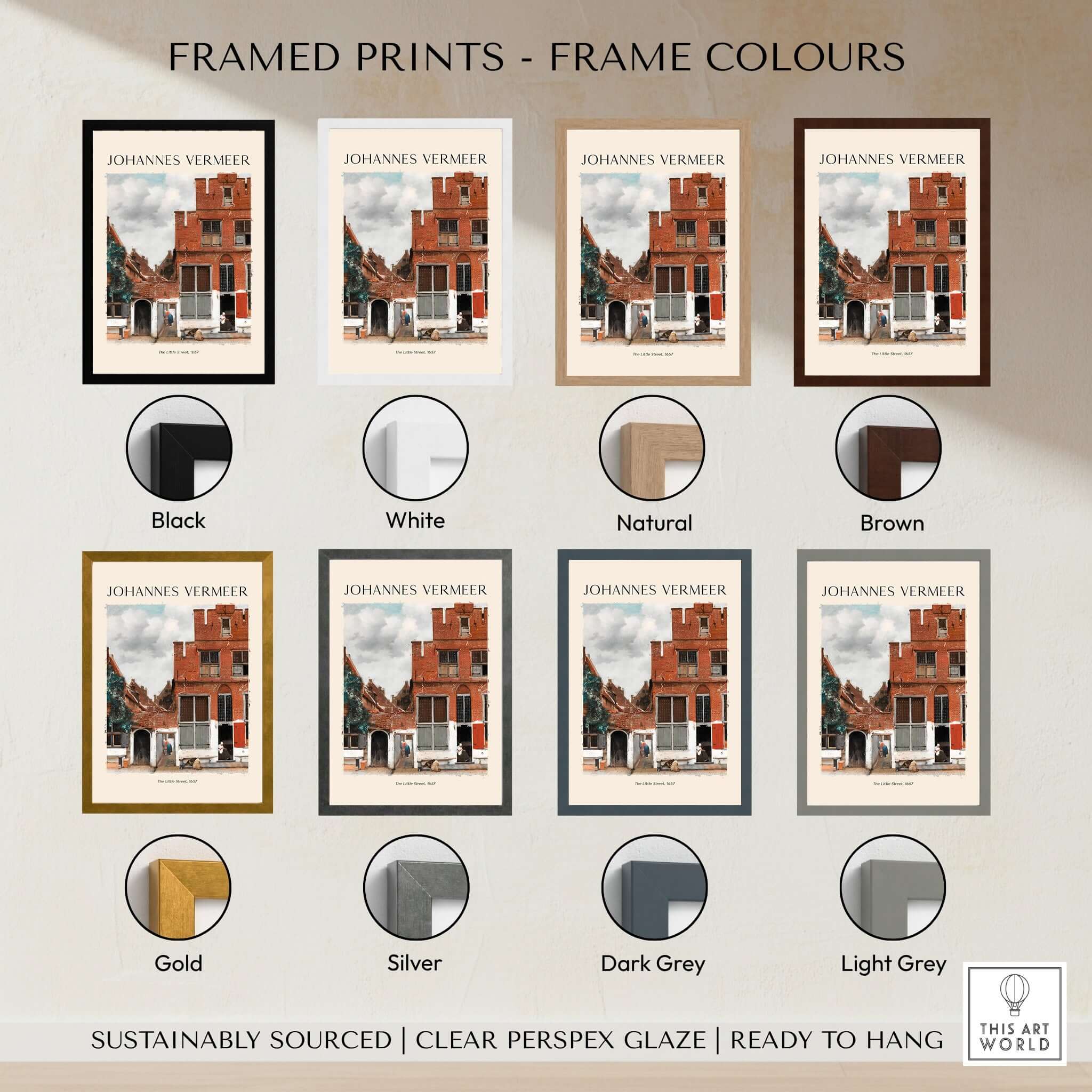 Framed prints of Johannes Vermeer The Little Street 1657 Delft Scene Dutch Golden Age Art Print with various frame colors.