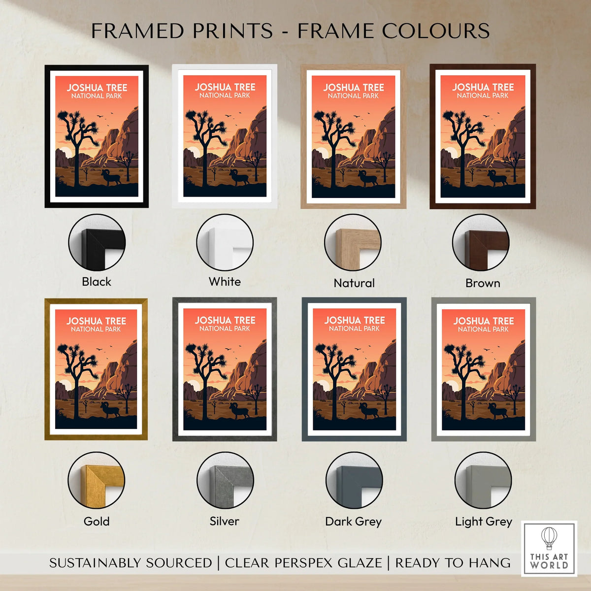 Joshua Tree National Park travel poster with eight frame color options, sunset desert scene