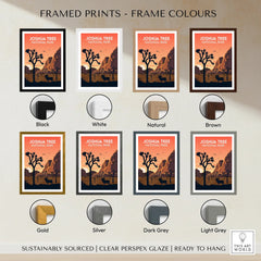 Joshua Tree National Park travel poster with eight frame color options, sunset desert scene