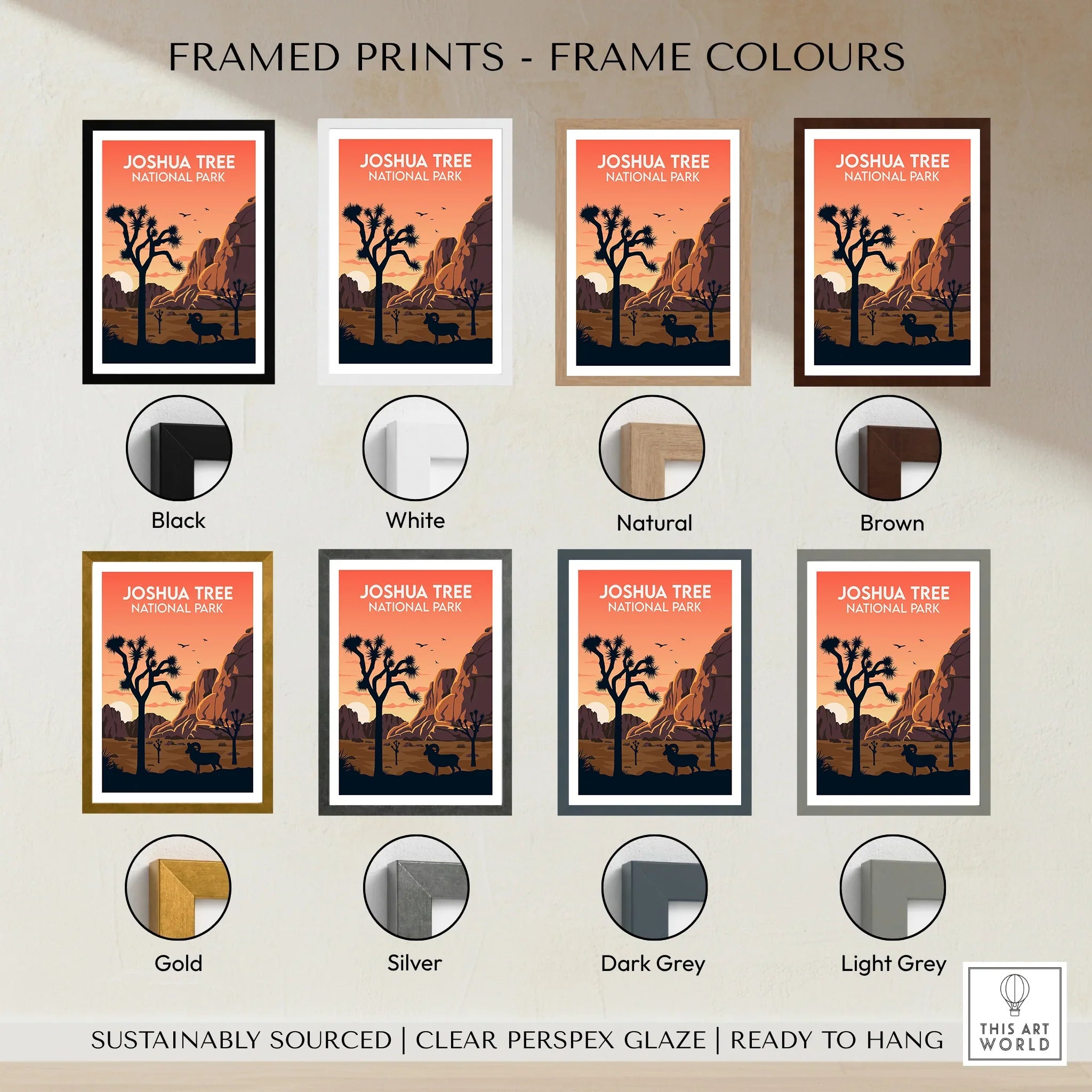 Joshua Tree National Park travel poster with eight frame color options, sunset desert scene