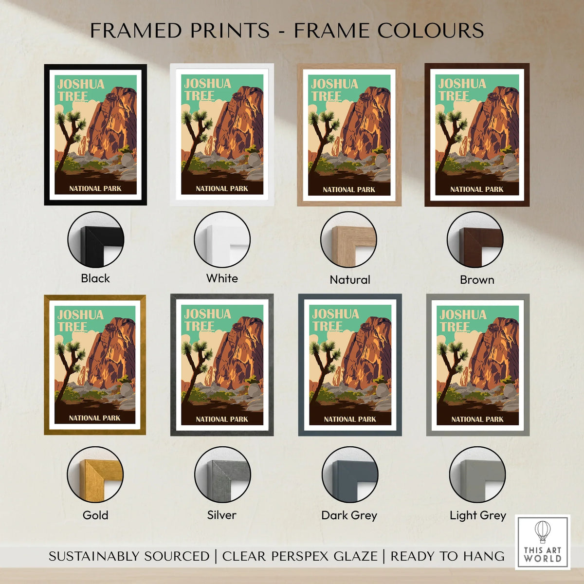 Joshua Tree National Park print in eight different frame colors including black, white, natural, brown, gold, silver, dark grey, and light grey.