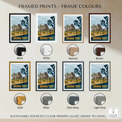 Joshua Tree National Park art print with eight frame color options including black, white, natural, brown, gold, silver, dark grey, and light grey.